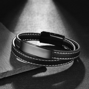 <span class=keywords><strong>Pulsera</strong></span> de cuero trenzado para hombre, <span class=keywords><strong>pulsera</strong></span> de moda con barra de Metal de acero inoxidable, estilo Vintage, regalo - Product Image 3