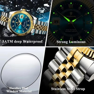 Montre à quartz de luxe pour homme POEDAGAR, bracelet en acier inoxydable bicolore, cadran bleu, affichage de la date avec chiffres romains, boîtier rond de 40 mm - Product Image 5