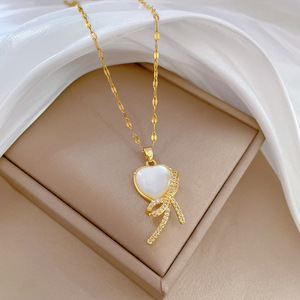 Colar de <span class=keywords><strong>laco</strong></span> mignon brillant diamant incrustation nœud collier 18K plaqué or chaîne en acier inoxydable oeil de chat pierre coeur arc collier - Product Image 4