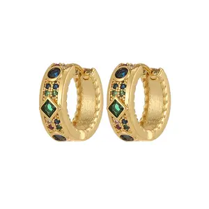 Wholesale Fashion Jewellery Circle Earrings Colored Stone 18k Gold Plated Zircon Hoop Earrings For Women