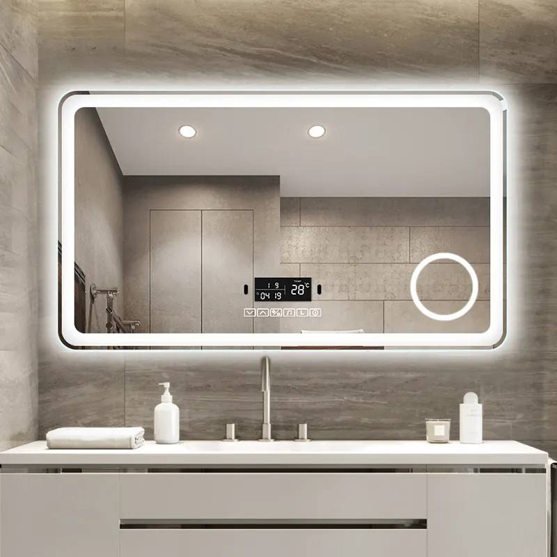 Cermin kamar mandi layar tampilan Bluetooth sentuhan pintar cermin mandi rias berlampu cermin mandi kaca pembesar hibrid cermin LED