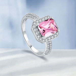Anillos de compromiso de Zirconia cúbica rosa de alta calidad, diseño de <span class=keywords><strong>Halo</strong></span> de Plata de Ley 925, anillo de promesa de lujo con piedra CZ para mujer - Product Image 6