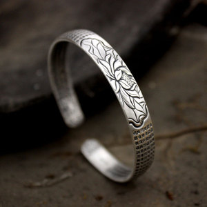 Bracelet en argent thaïlandais plaqué vintage ethnique <span class=keywords><strong>Lotus</strong></span> Heart <span class=keywords><strong>Sutra</strong></span> pour femmes, bracelet bouddhiste ancien, bracelet ouvert chinois - Product Image 6