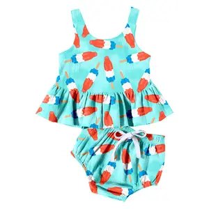 Factory Made 0-16 Year Old Summer Girl Outfits Custom Baby Peplum Tank Top String Short Sets Fashion Kids Lounge Sets