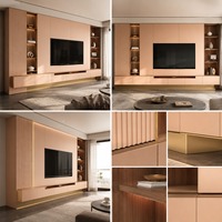 Lemari TV Modern Menggantung dengan Unit Dinding TV Bergaris, Rak Terbuka Berlampu, dan Penyimpanan Ruang Tamu Setinggi Penuh