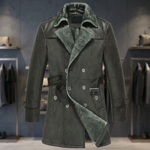 Men's Double Breasted Leather Trench <b>Coat</b> With <b>Faux</b> <b>Fur</b> Lining Turn-down Collar Windproof Winter Long Jacket Casual Style - Product Image 3
