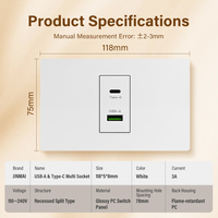 Prise murale de charge multi-ports JINMAI F6E USB-A + Type-C |   Courant nominal de 1,5 A |   Classement IP22 |   Câble de 1,8 m |   Prise électrique