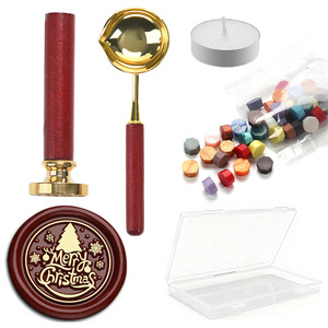 Kit de sceau de cire de Noël avec manche en bois rouge, cuillère dorée, granulés de cire, boîte transparente 100g, ensemble de sceaux artisanaux ronds - Product Image 2