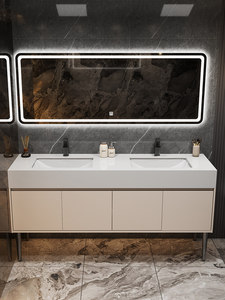 Ensemble de meubles de salle de bain modernes à double vasque pour toilettes publiques, meuble-lavabo mural en marbre, résistant à l'eau, facile à nettoyer, style ferme - Product Image 4