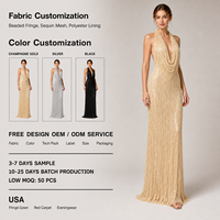 Robe de soirée longue pour femme, couleur or champagne, à sequins et franges, col halter, dos nu en V profond, pour tapis rouge, vente en gros