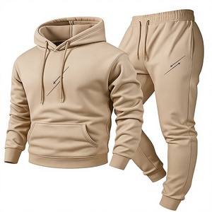 Ensemble de survêtement imprimé beige à capuche pour homme, décontracté, manches longues, couleur unie, pantalon à cordon de serrage, sweat à capuche avec poche avant, coupe régulière - Product Image 1