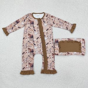 Infant Baby Girl Brown Horse Print ODM Großhandel Baumwolle Spandex Langarm Reiß verschluss Stram pler Jumps uit Wärme Kehrmaschine Set - Product Image 1