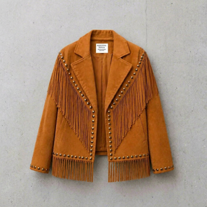 Wholesale Womens Brown Leather Fringed <b>Jacket</b> with Gold Studs Western Style Crop <b>Biker</b> <b>Jacket</b> Outerwear Supplier - Product Image 1