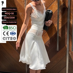 Conjunto de 2 piezas de satén blanco para mujer, top camisero con cuello en V de encaje, falda midi de cintura alta con paneles de encaje, conjunto a juego para vacaciones y bodas - Product Image 1