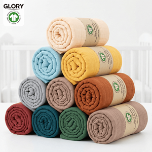Couverture d'emmaillotage en mousseline de coton biologique 100 % GOTS pour bébé, couleur unie, vente en gros, étiquette privée personnalisée, double couche, pour nouveau-né - Product Image 1