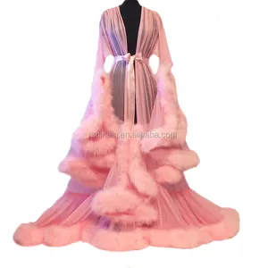 Grosir Pakaian Dalam Renda Bulu Tipis Wanita Gaun Ekor Gaun Malam Panjang Bulu Transparan Jubah Lingerie Seksi dengan Bulu