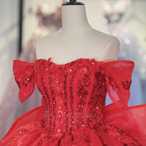 Vestido de Quinceañera Clásico Rojo 20253 con Hombros Descubiertos y Lazo - Product Image 5