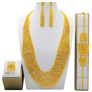 24K Gold Plated Dubai Wedding Jewelry <b>Set</b> Necklace Earrings Ring <b>Bracelet</b> Women's Ethnic Tassel Style Fashion Jewelry - Product Image 4