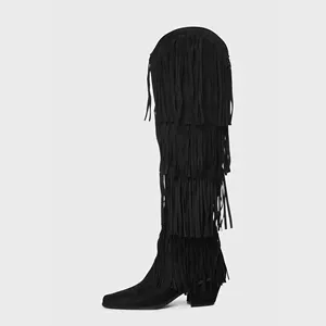 Женские сапоги до колена на танкетке, модные сапоги с острым носком, без застежек, с широким каблуком, ковбойские сапоги с кисточками в западном стиле