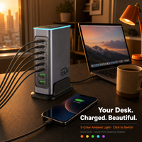 Station de charge de bureau GaN 660W pour jeux, 8 ports, hub de charge USB C 100W PD pour ordinateur portable, manette, certifié UL
