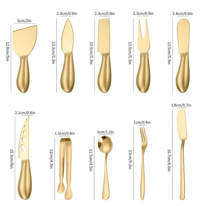 Rebanadora de queso Esparcidor de mantequilla Tenedores Mango de acero inoxidable 18 piezas Juego de cuchillos de queso con bolsa
