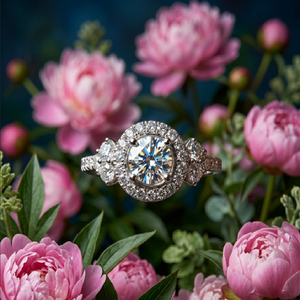 Bague de fiançailles pour femme en or blanc massif 18 carats, design de créateur, avec halo rond, pavé de diamants en grappe triangulaire et bande pavée, pour soirée - Product Image 4