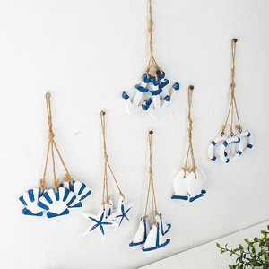 Mediterranean Style Seashell Starfish Sailboat <b>Wall</b> Hanging Home <b>Decor</b> Irregular Shape Wooden Ornament - Product Image 3