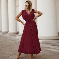 Longue robe plissée en mousseline de soie, pour femme, tenue élégante, slim, couleur unie, à la mode, manches volantes, robes décontractées, 2020