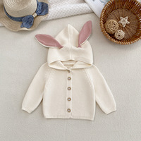 Bio-Baumwolle Hasenohren Kapuzen-Strickjacke für Babys Langarm Knopfleiste Vorne Säugling Kleinkind Pullover Niedliche Baby-Strickware