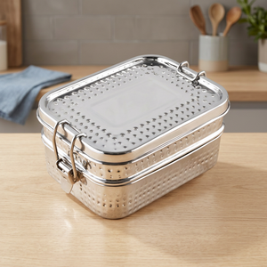 Boîte à lunch classique en acier inoxydable Boîte à lunch Tiffin en fil métallique pour le camping Transporteur de nourriture avec serrure à clip Tiffin à deux niveaux avec serrure martelée - Product Image 3