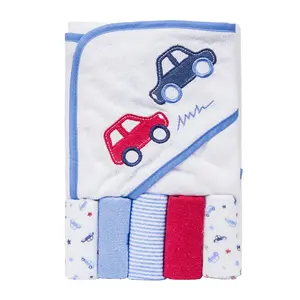 boy style microfiber car pattern printed cotton baby hooded towel and washcloth