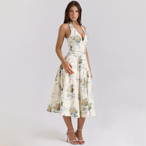 Abito Floreale Sexy da Donna, Elegante Vestito Midi Senza Maniche con Scollo a V e Allacciatura al Collo per la Sera - Product Image 3