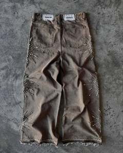 ローMoqラインストーンプリントローライズHommes生裾デニムパンツジッパー付きフライスタッズ洗浄メンズバギージーンズメーカー - Product Image 2