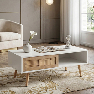 Rattan <b>Coffee</b> <b>Table</b> 41.34 In White With Storage Solid Wood Legs Modern Living Room <b>Table</b> - Product Image 5