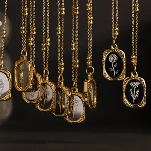 قلادة عتيقة فرنسية روز ديمبر قلادة زهرة مزدوجة قلادة ذهبية سوداء 18 قيراط مجوهرات للنساء