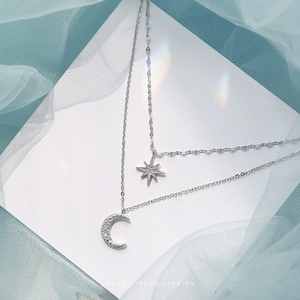 QY-06 <span class=keywords><strong>argento</strong></span> S50 doppio <span class=keywords><strong>2</strong></span> strati gioielli collo da donna Multi strati semplice lega metallica collana ciondolo stella luna - Product Image 3
