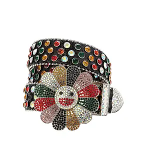 Customize Smile Flower Hip-hop Bling Bling Women Punk Fashion PU Leather Crystal Studded Rhinestone Belt for Ladies Dress