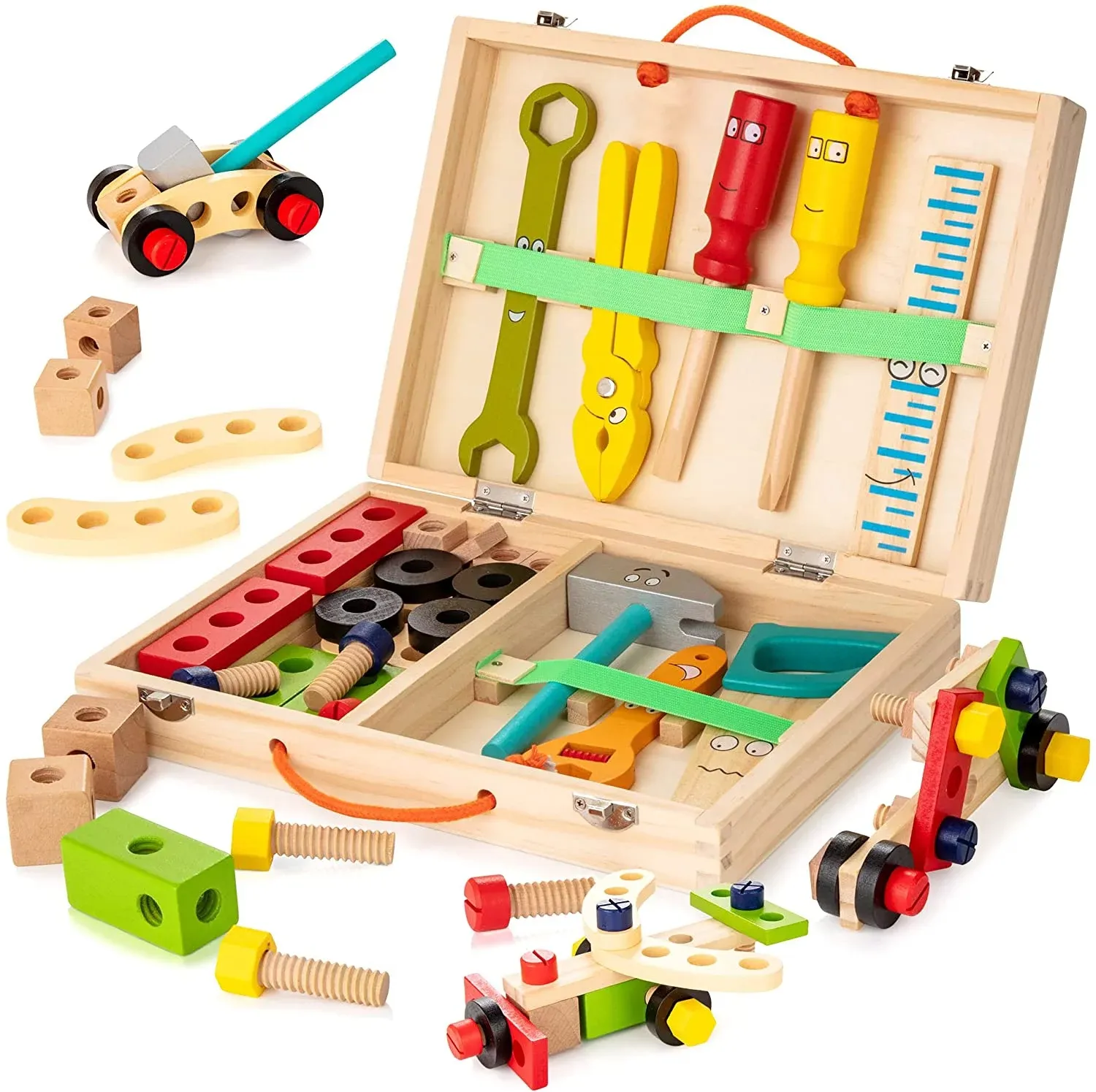 Tool Kit for Kids Wooden Toddler Tools Set Includes Tool Box Montessori Educational Stem Construction Toys for Boys Girls