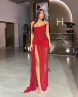 Mily nupcial ML361 elegante Formal cuello asimétrico vestido de noche de mujer rojo con lentejuelas hendidura largo hasta el suelo vestidos de graduación simples
