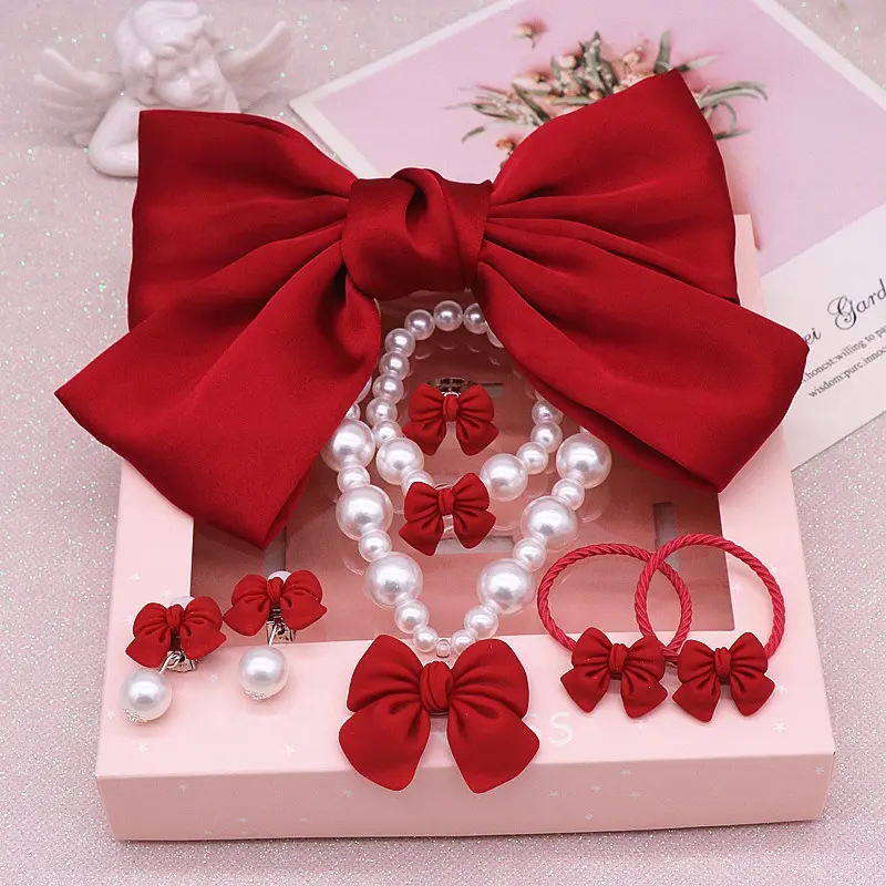 Fashion children's necklace set large bow hair clip top clip hair clip Japanese girls jewelry set