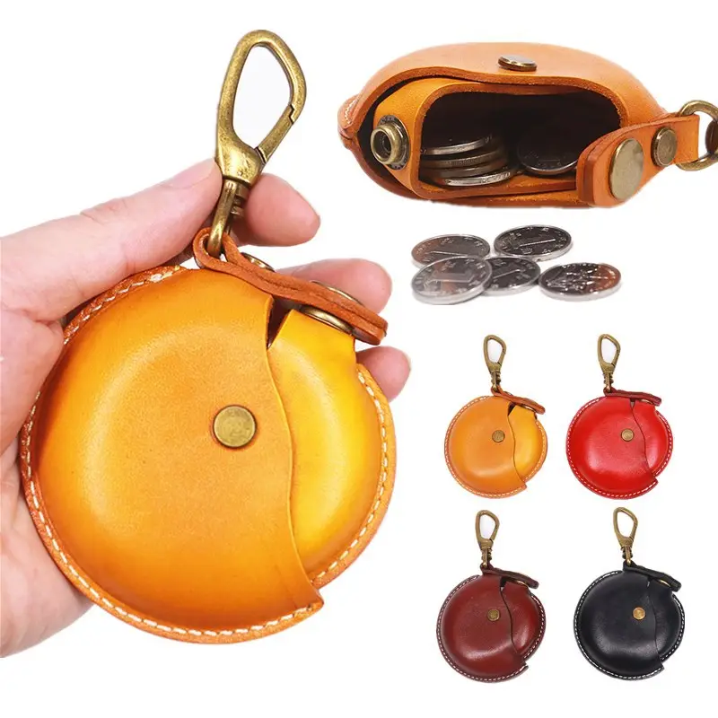 Round genuine leather key chain wallet custom leather coin purse vintage car key case designer coin purse