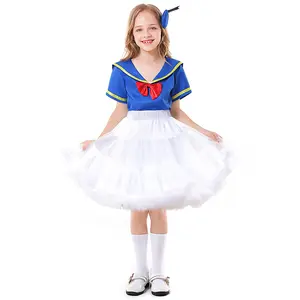 Cartoon Duckling Dance Pompadour Dress Blue Short Sleeve Navy Sailor Stage Costume Halloween