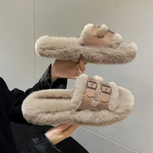 Grosir Sandal boneka Thong Fuzzy Sandal kulit flop flop wanita anak perempuan bulu putih sepatu musim dingin Sandal bulu Faux