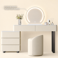 Ensemble de coiffeuse moderne en panneaux de bois blanc avec miroir LED réglable, tiroirs de rangement, table de maquillage pour chambre d'hôtel