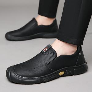 Mocassins en cuir véritable blanc pour hommes, bout rond, à enfiler, semelle extérieure en caoutchouc respirante, chaussures décontractées d'automne - Product Image 3