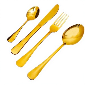 Ensemble de couverts dorés 4 pièces en acier inoxydable poli miroir, résistant à la rouille, design moderne glamour pour fêtes, jetables - Product Image 1