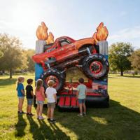 Château gonflable sur le thème des Monster Truck, flammes 3D, rouge/noir, en PVC de qualité commerciale, pour les fêtes d'anniversaire des enfants