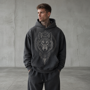 Sweat-shirt décontracté pour homme en coton 460 GSM, coupe régulière, imprimé loup délavé à l'acide, poche kangourou, conception personnalisée OEM ODM - Product Image 5