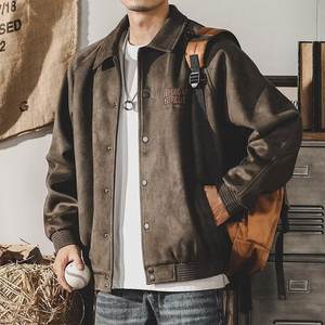 Chaqueta Retro de Béisbol para Hombre, de Terciopelo Modal Gris Verde, con Solapa, Estilo Holgado, Larga y Delgada, para Primavera y Otoño, de Marca de Moda, Cálida - Product Image 2