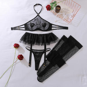 Seksi İç Çamaşırı Halter Sütyen Fırfırlı Bel Kemeri 4 Parça Set Çoraplı Baştan Çıkarıcı Boncuklu Kalp Aşk File Şeffaf İç Giyim - Product Image 5